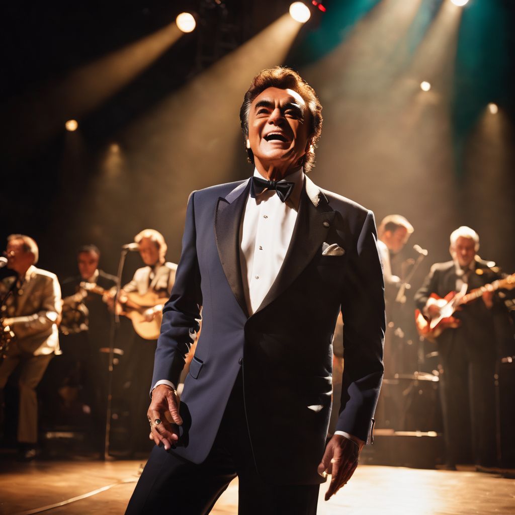 Johnny Mathis performing on stage at a historic theater.