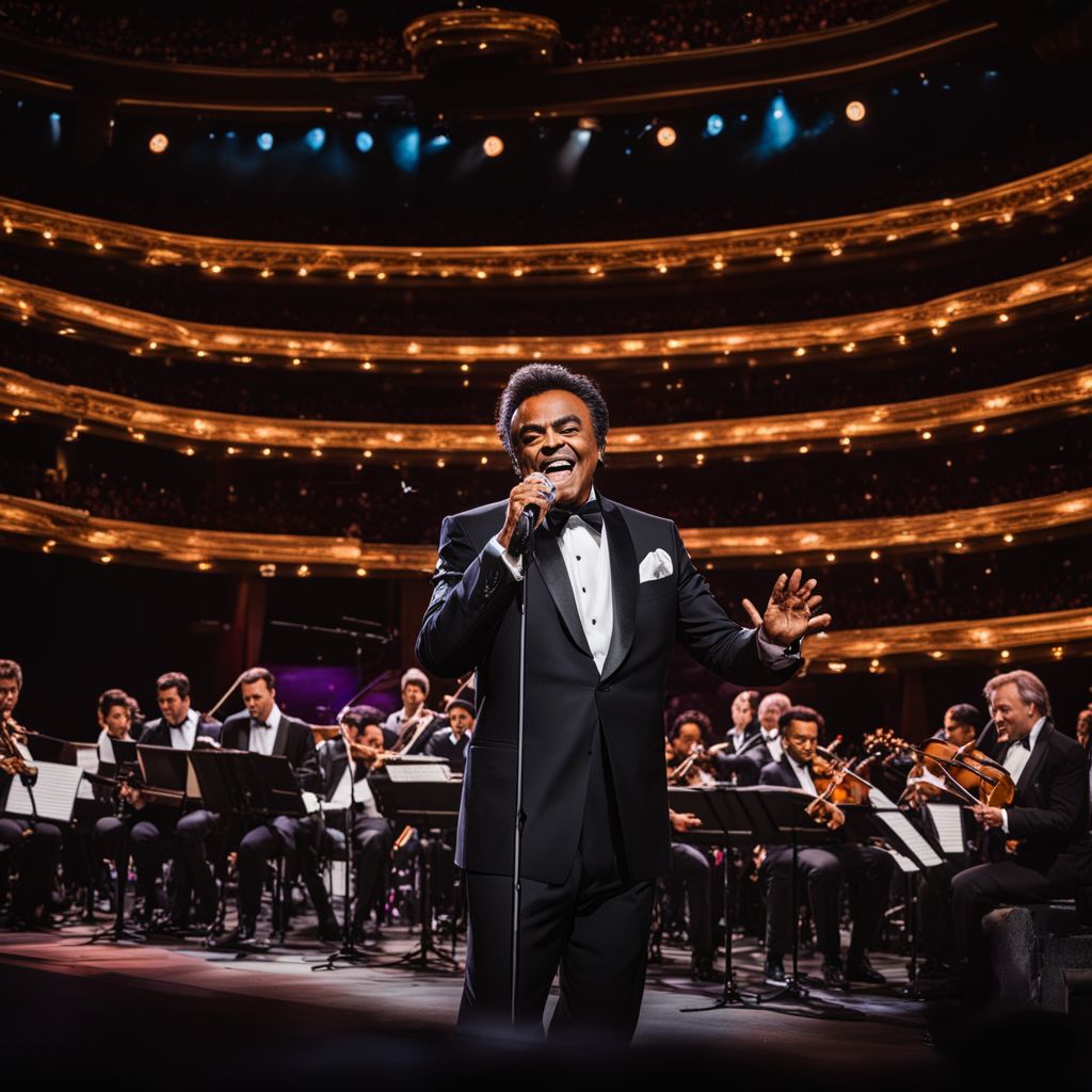 Johnny Mathis performing on a grand stage with a full orchestra.