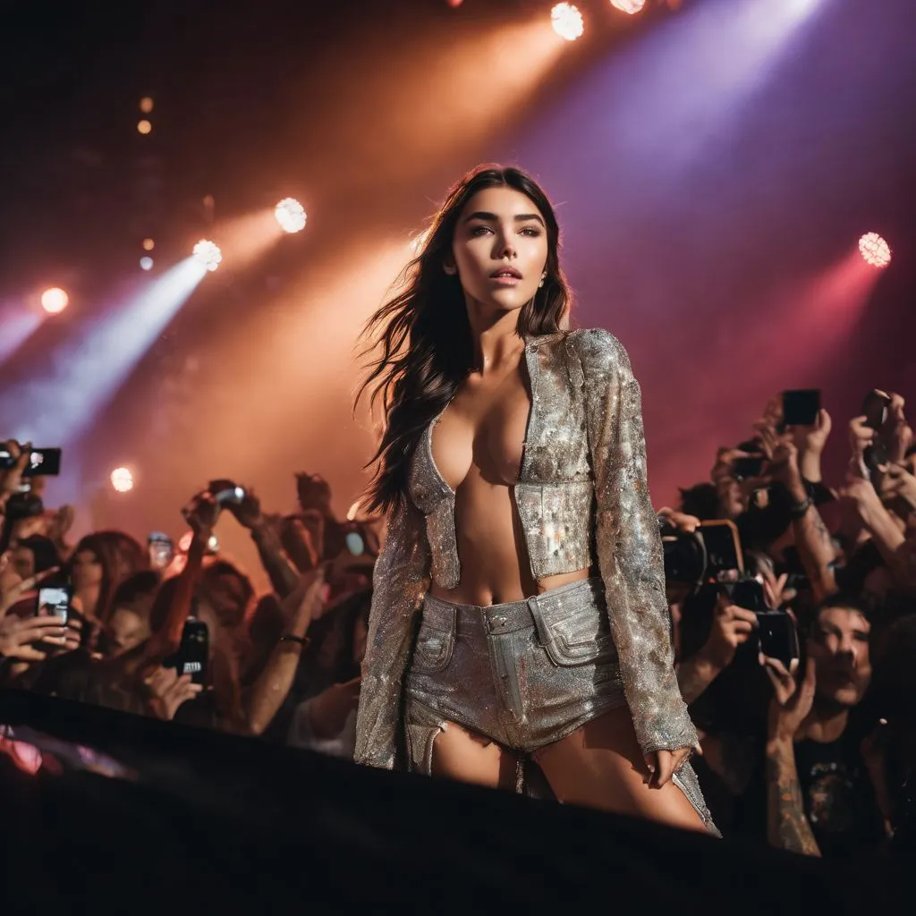 Madison Beer performing on stage, surrounded by enthusiastic fans.