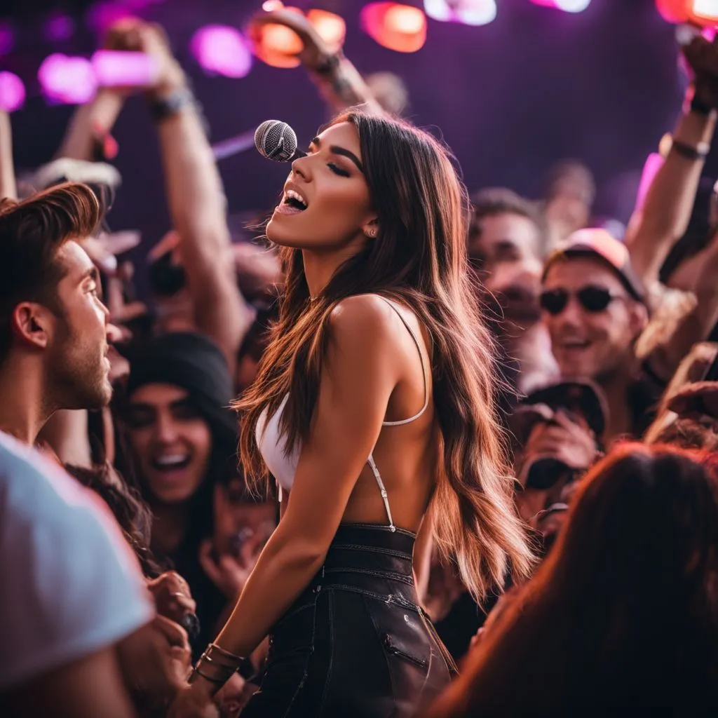 Madison Beer performing at a music festival with adoring fans.