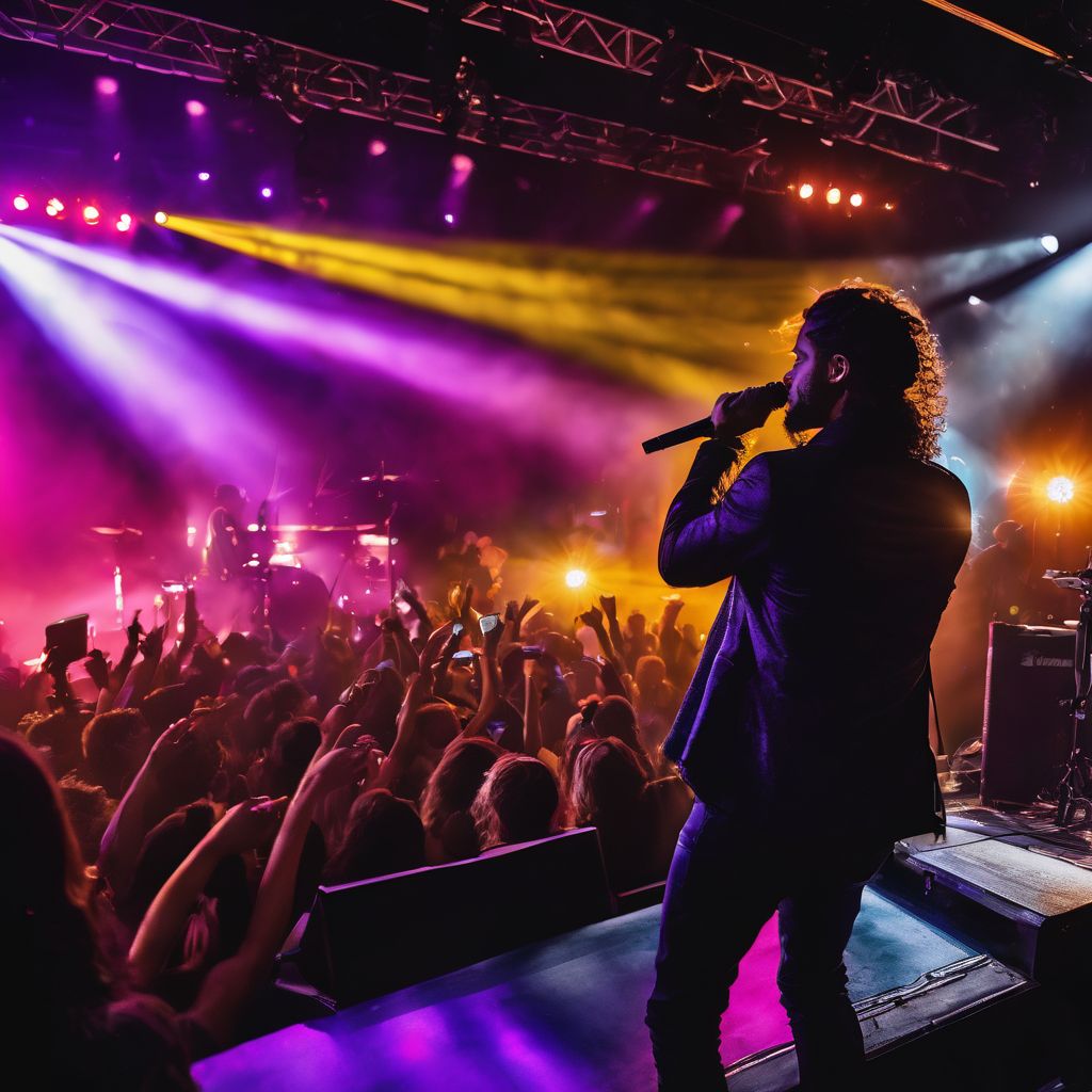 A vibrant stage with diverse crowd and cityscape photography.