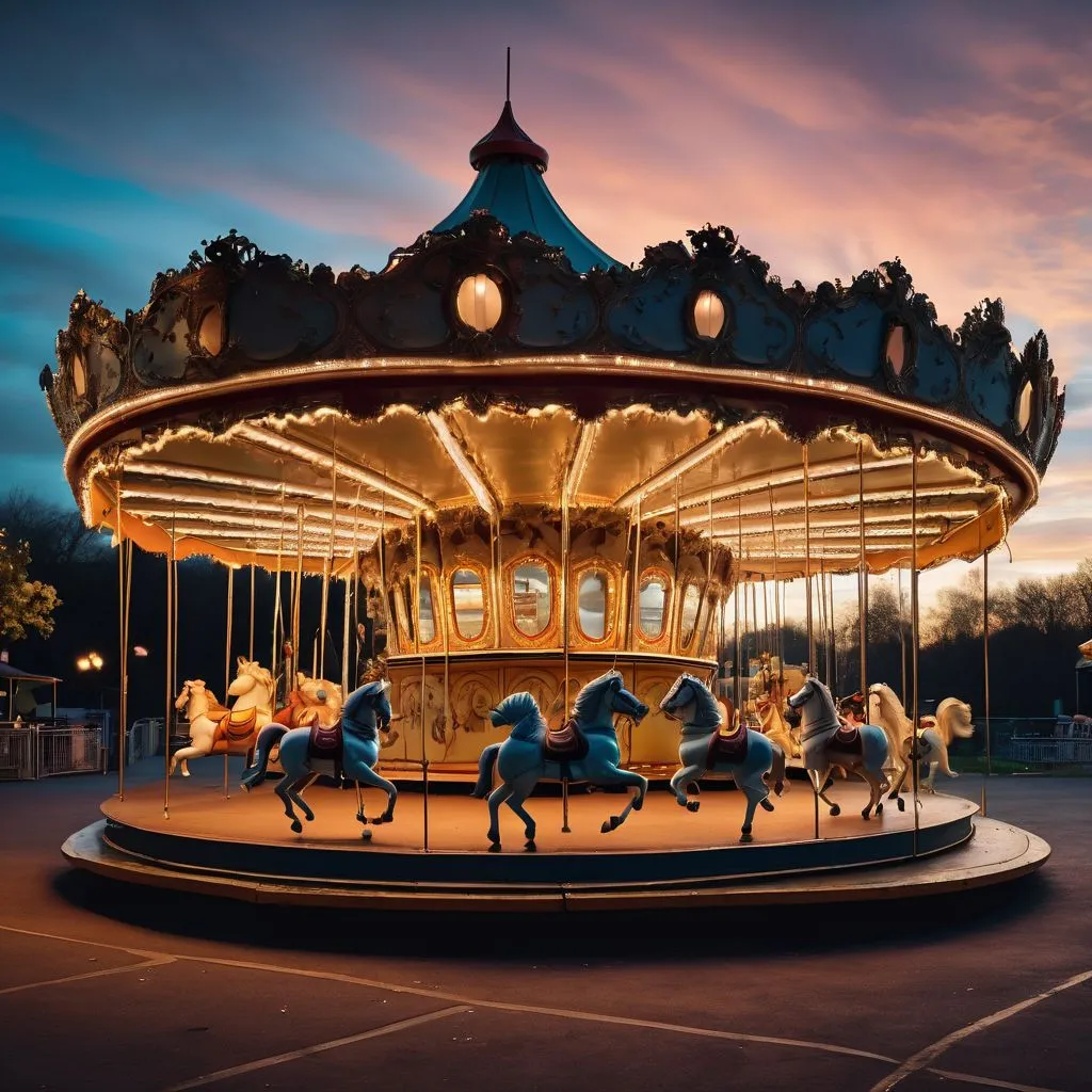 An abandoned carousel in an eerie amusement park at twilight.
