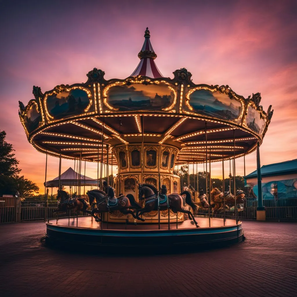 An abandoned vintage carousel in a deserted amusement park at twilight.