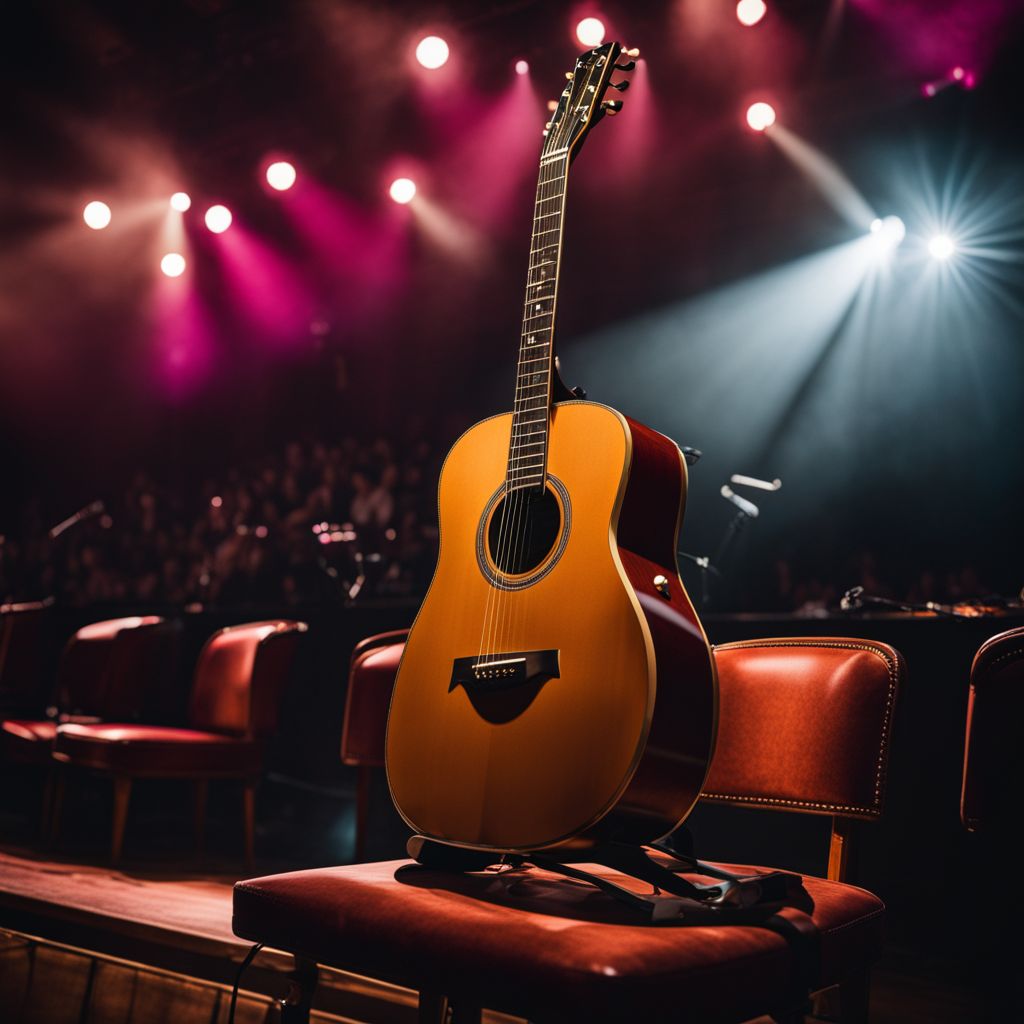 A guitar resting on a vintage stage with empty seats.