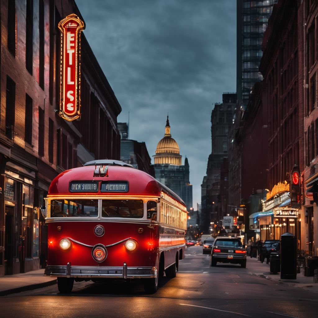 An old-fashioned American tour bus parked in front of a vintage concert venue.