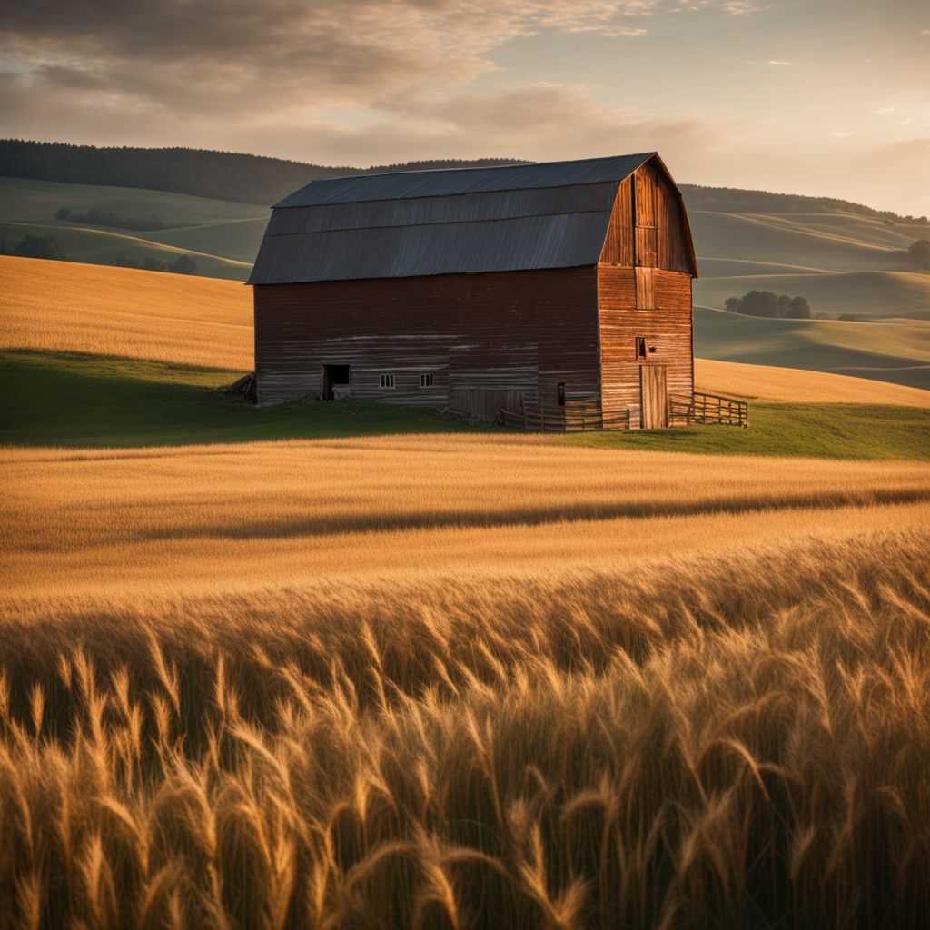 A rustic barn surrounded by rolling hills and golden wheat fields.