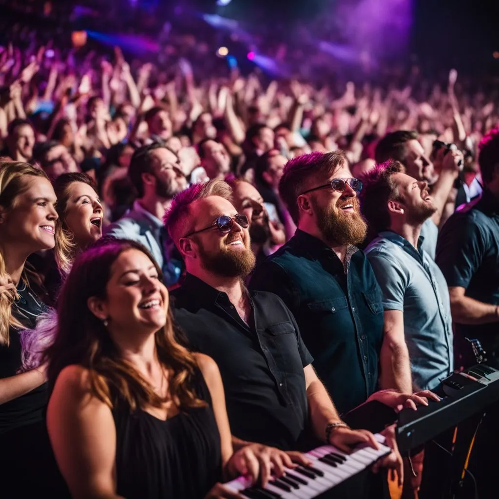 Diverse fans sing along at a MercyMe concert in a bustling atmosphere.