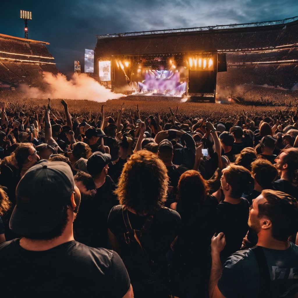 Passionate Metallica fans cheering at a concert in a bustling atmosphere.