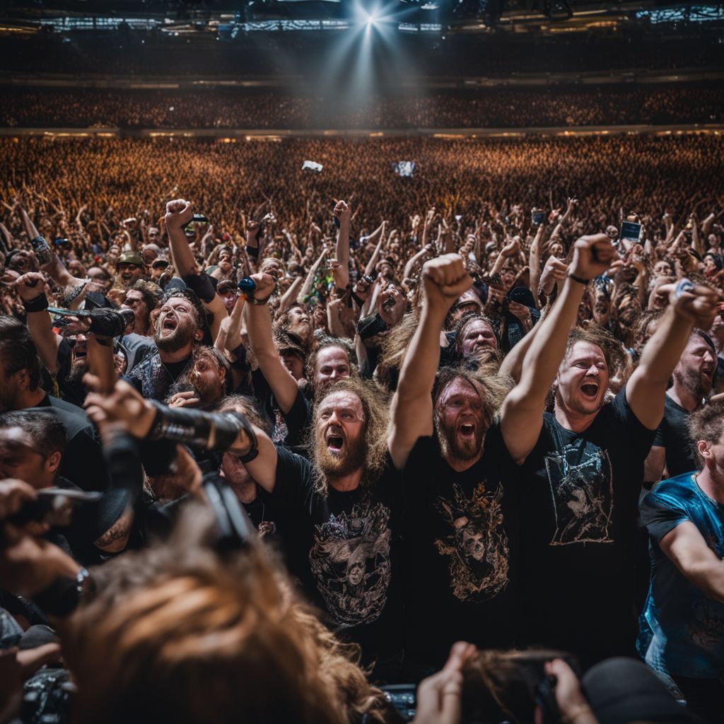 A packed stadium cheers as Metallica performs in concert.