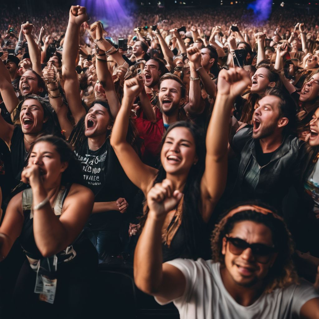 Passionate fans singing and raising fists at a concert.