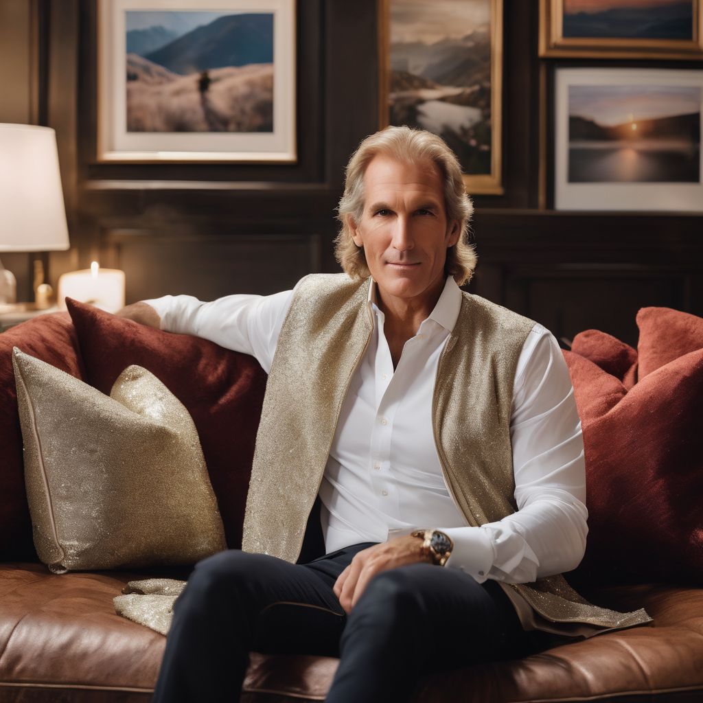 Michael Bolton relaxing with family photos in cozy living room.