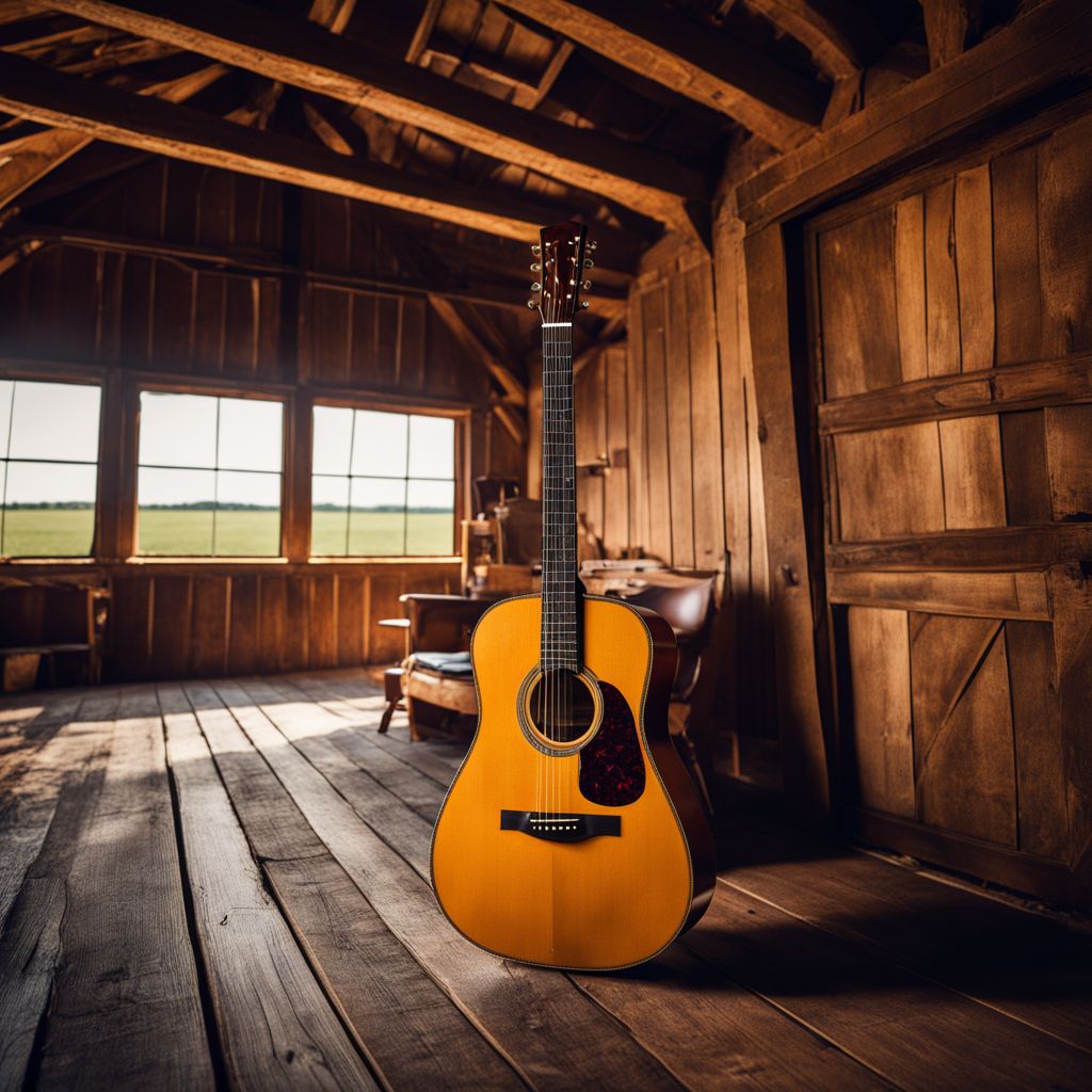 A vintage acoustic guitar in a rustic country barn.
