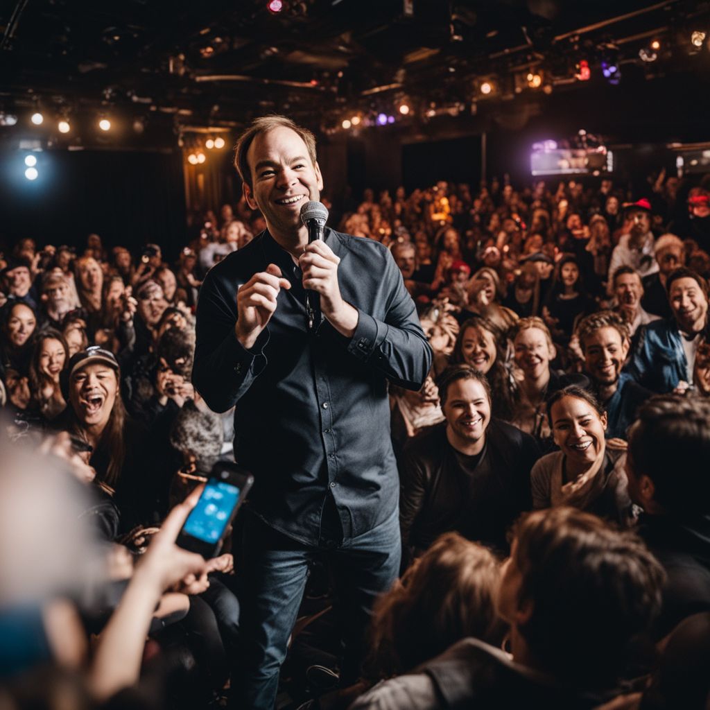 Comedian Mike Birbiglia performing on stage to a lively audience.