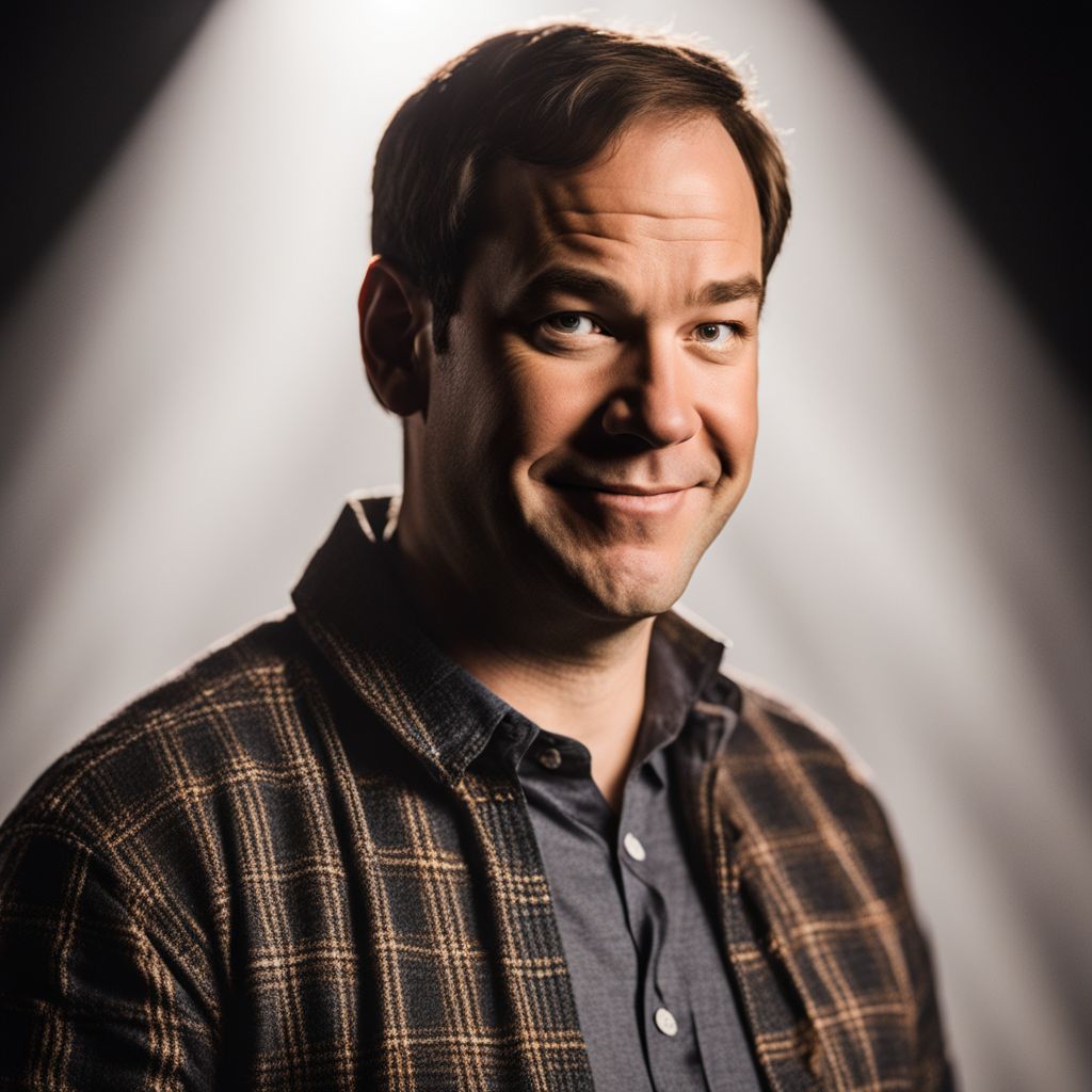 Mike Birbiglia performing stand-up comedy in a crowded comedy club.