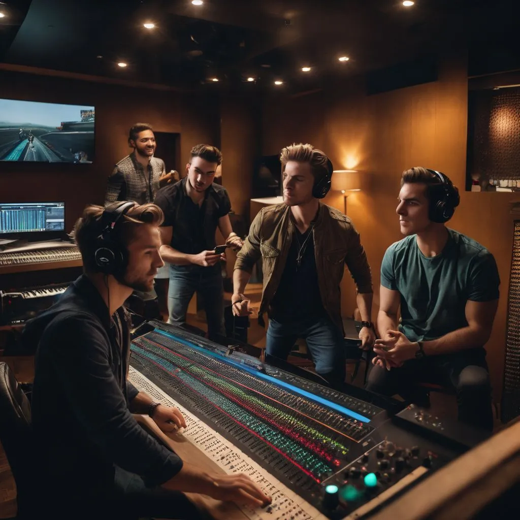 A group of young men harmonizing in a recording studio.