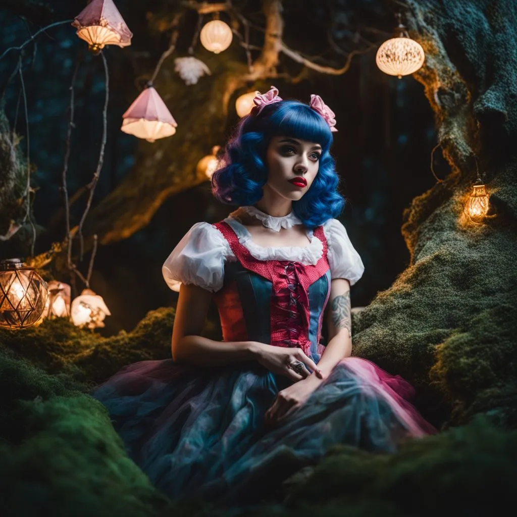 Melanie Martinez poses in a dark, whimsical forest with eerie props.