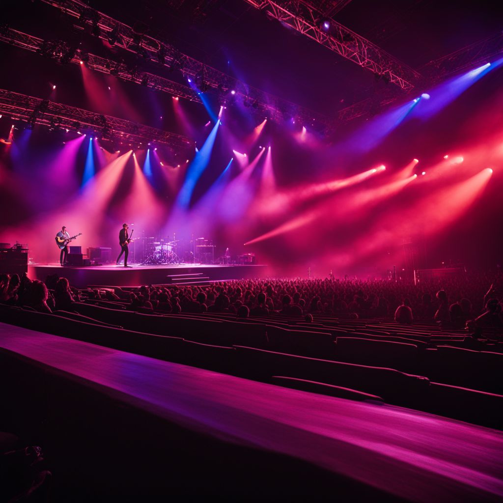 An empty concert stage with colorful spotlights and a bustling atmosphere.