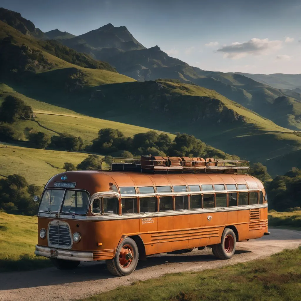 A vintage tour bus parked in a scenic countryside with diverse people.