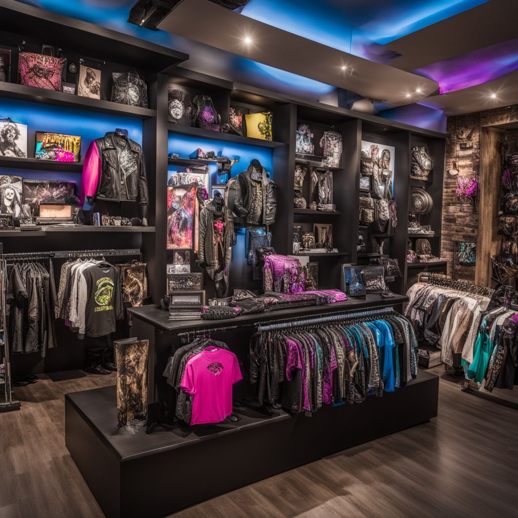 A variety of Steel Panther merchandise displayed in a rock-themed store.