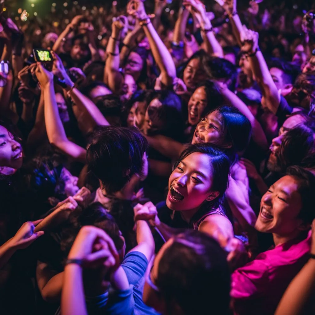 Fans enjoy Mitski concert in a lively Mosh pit atmosphere.