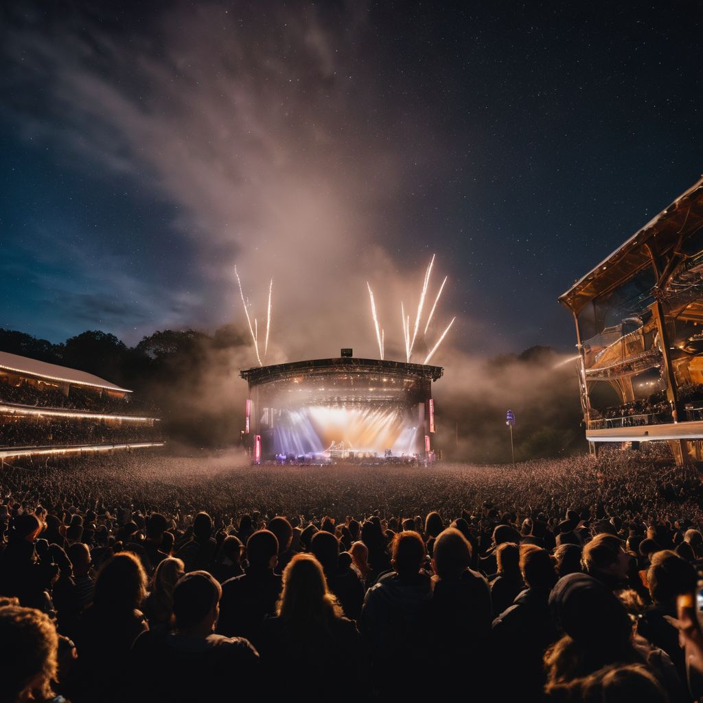 A crowd swaying at a Mt Joy concert under the starry night.