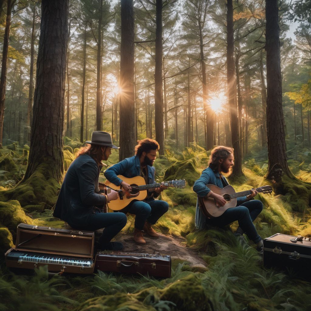 A group of musicians performing in a forest clearing.