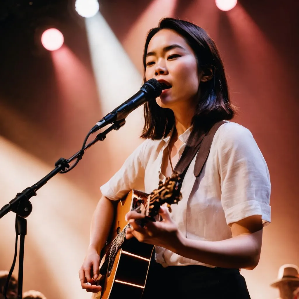 Mitski performing on stage in a packed concert hall with enthusiastic fans.