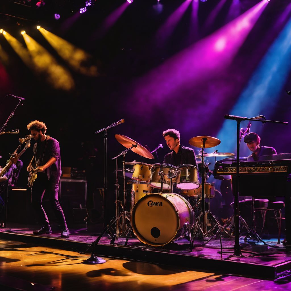 A vibrant concert stage featuring silhouettes of various musical instruments.