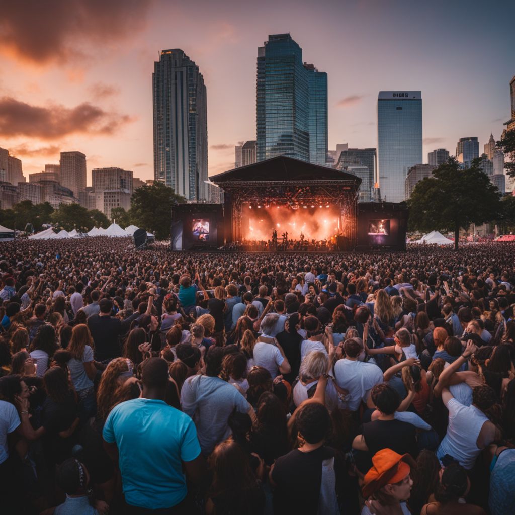 A vibrant outdoor concert with a diverse crowd and bustling atmosphere.