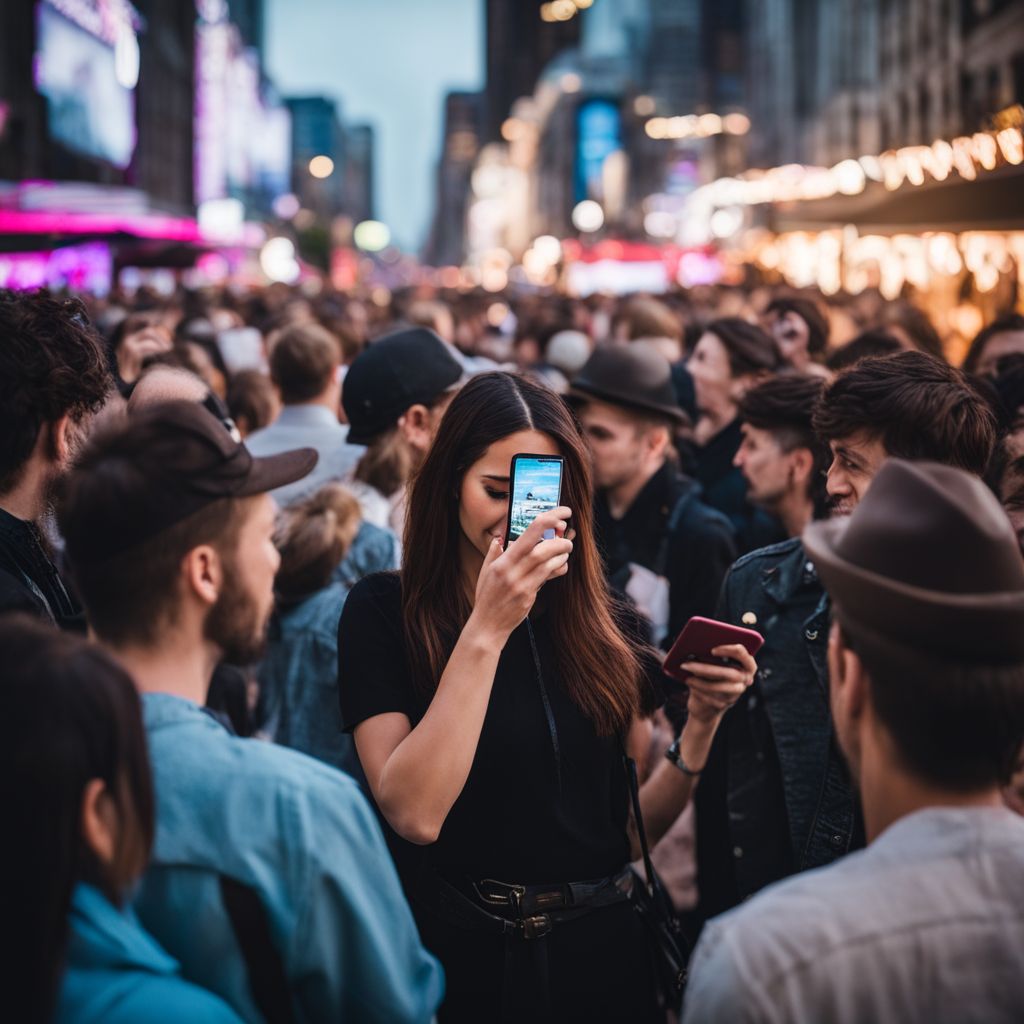 A concertgoer checks her phone for ticket alerts in a bustling crowd.