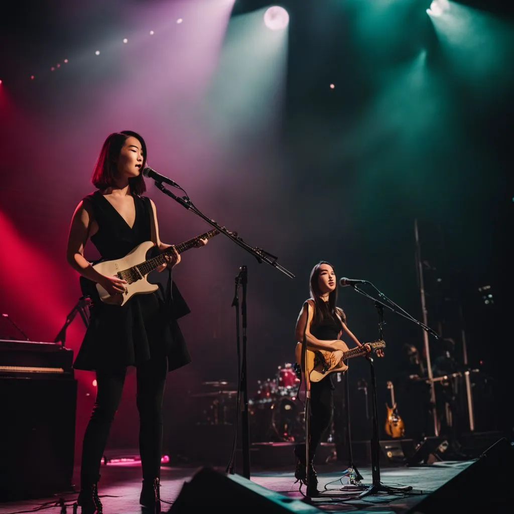 Mitski performing on stage at a concert venue with a bustling atmosphere.
