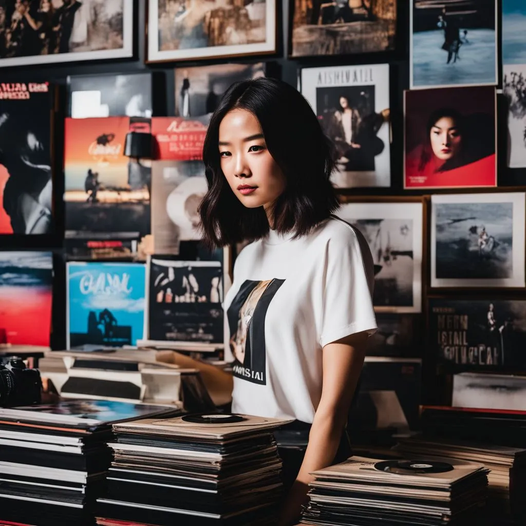 A fan proudly displays Mitski's limited edition vinyl collection among music memorabilia.