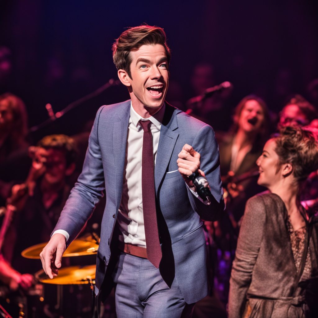 John Mulaney performs on stage to a lively crowd at a historic theater.