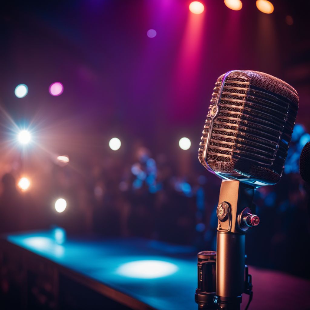 A vintage microphone on stage with a bustling cityscape background.
