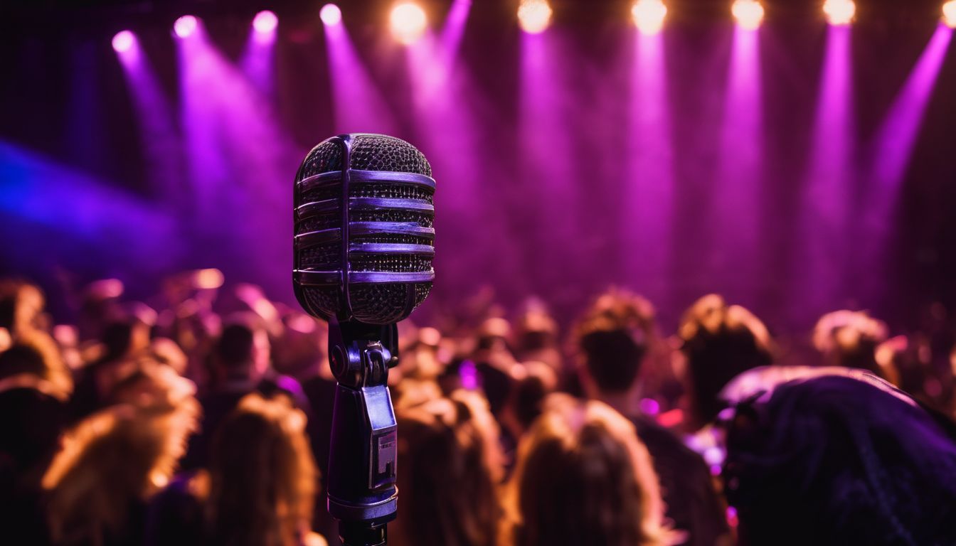 A vintage microphone on a stage capturing a bustling concert atmosphere.