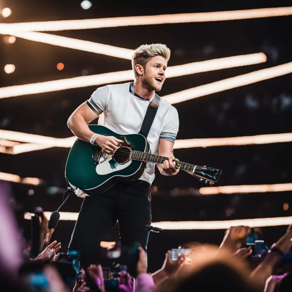 Niall Horan performing at a sold-out stadium concert with lively atmosphere.