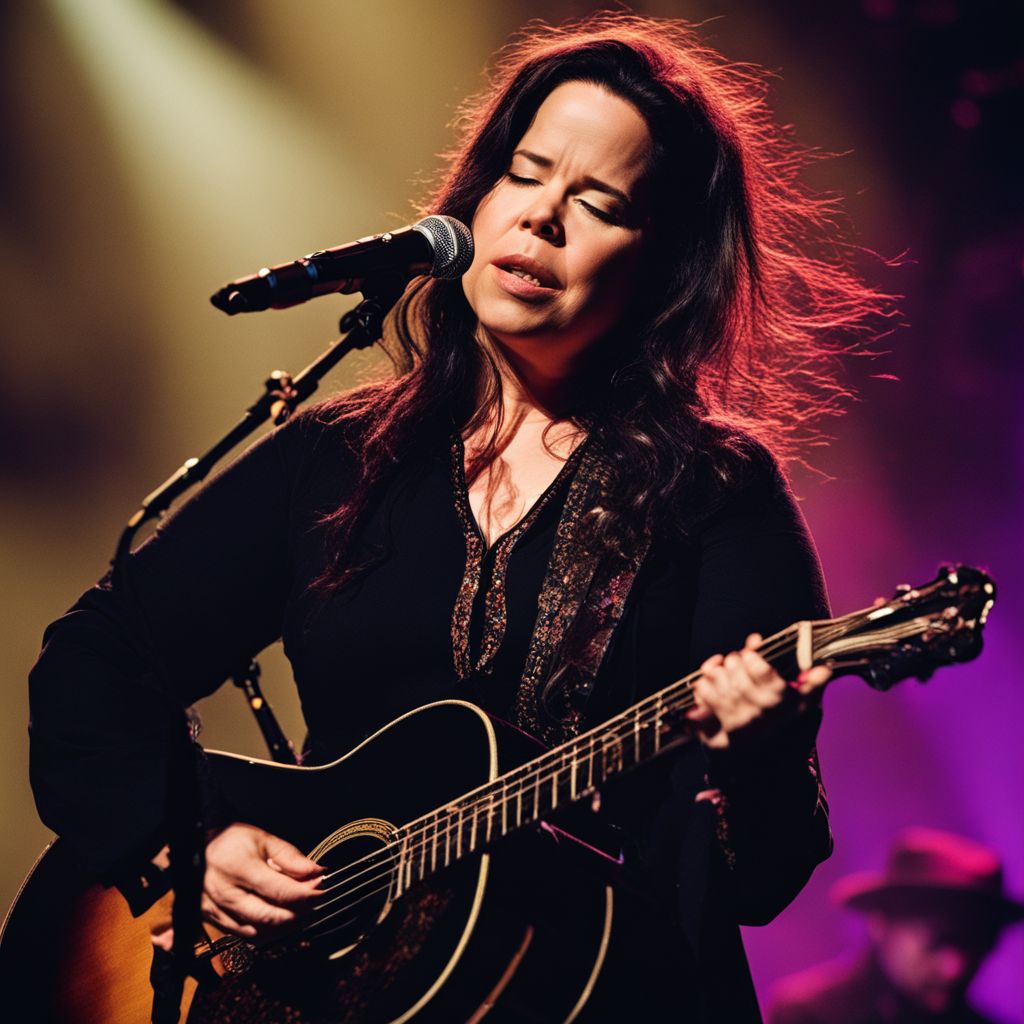 Natalie Merchant performs a folk-rock concert with different faces and outfits.