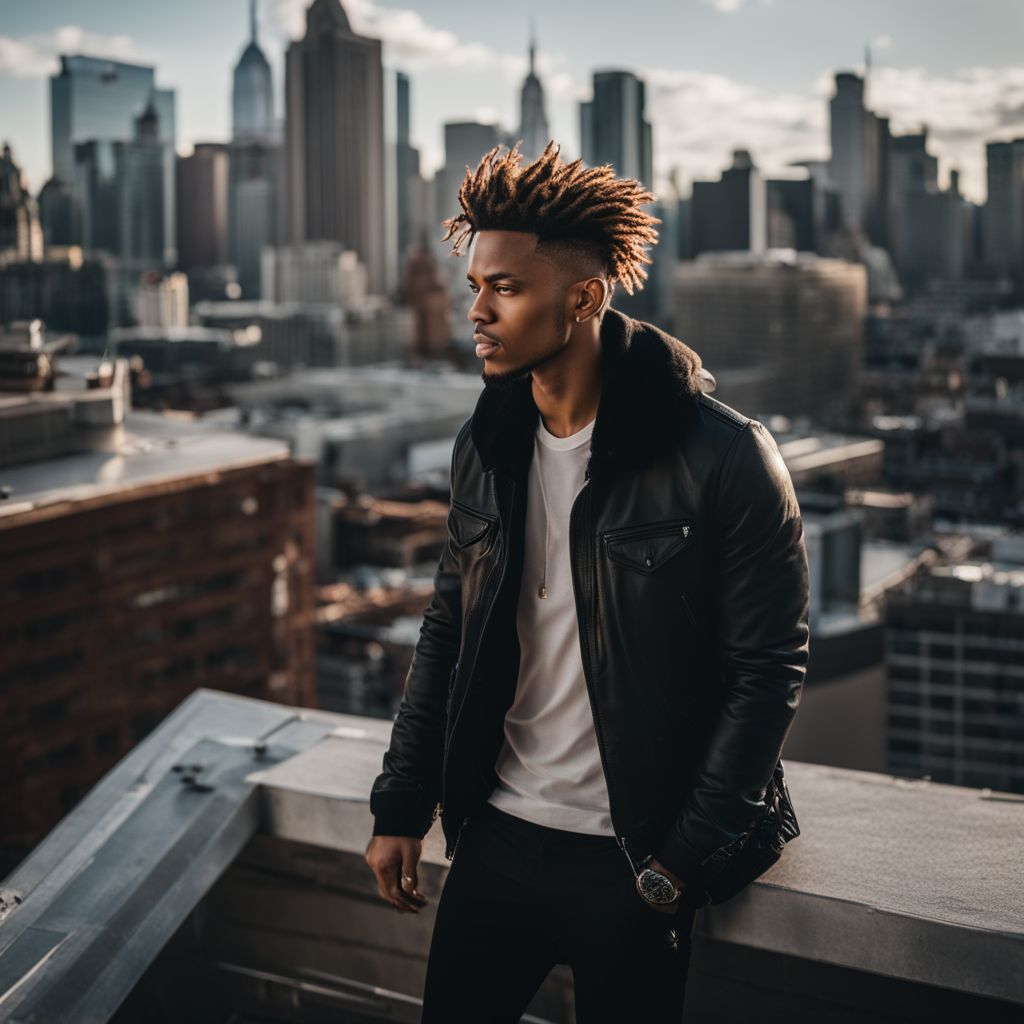 NF stands on a city rooftop with a skyline backdrop.