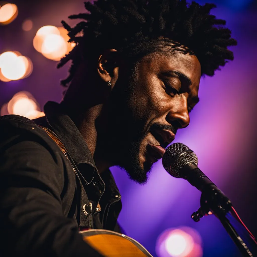 Nate Smith performing with his guitar on stage in vivid detail.