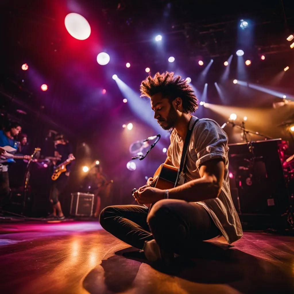 A musician performing on stage with a bustling cityscape backdrop.