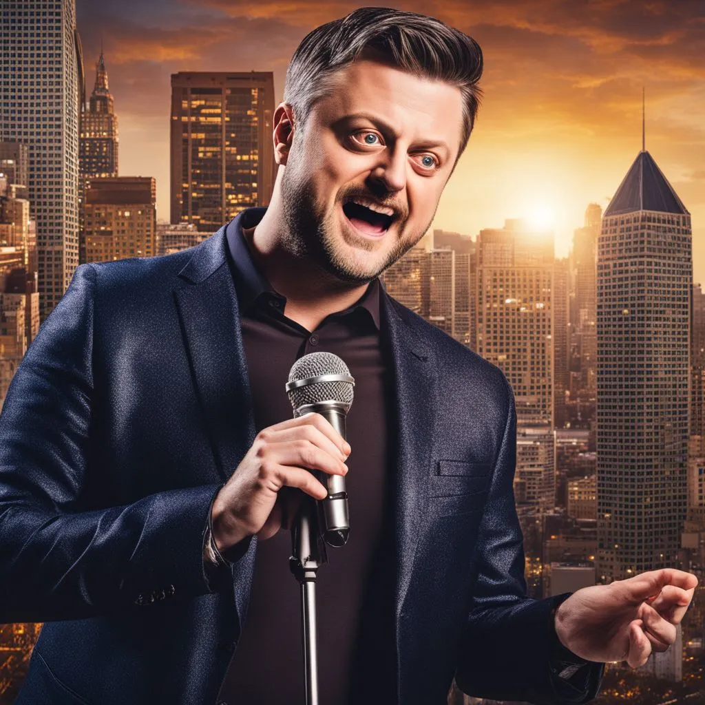 Nate Bargatze performing stand-up comedy on stage with microphone.