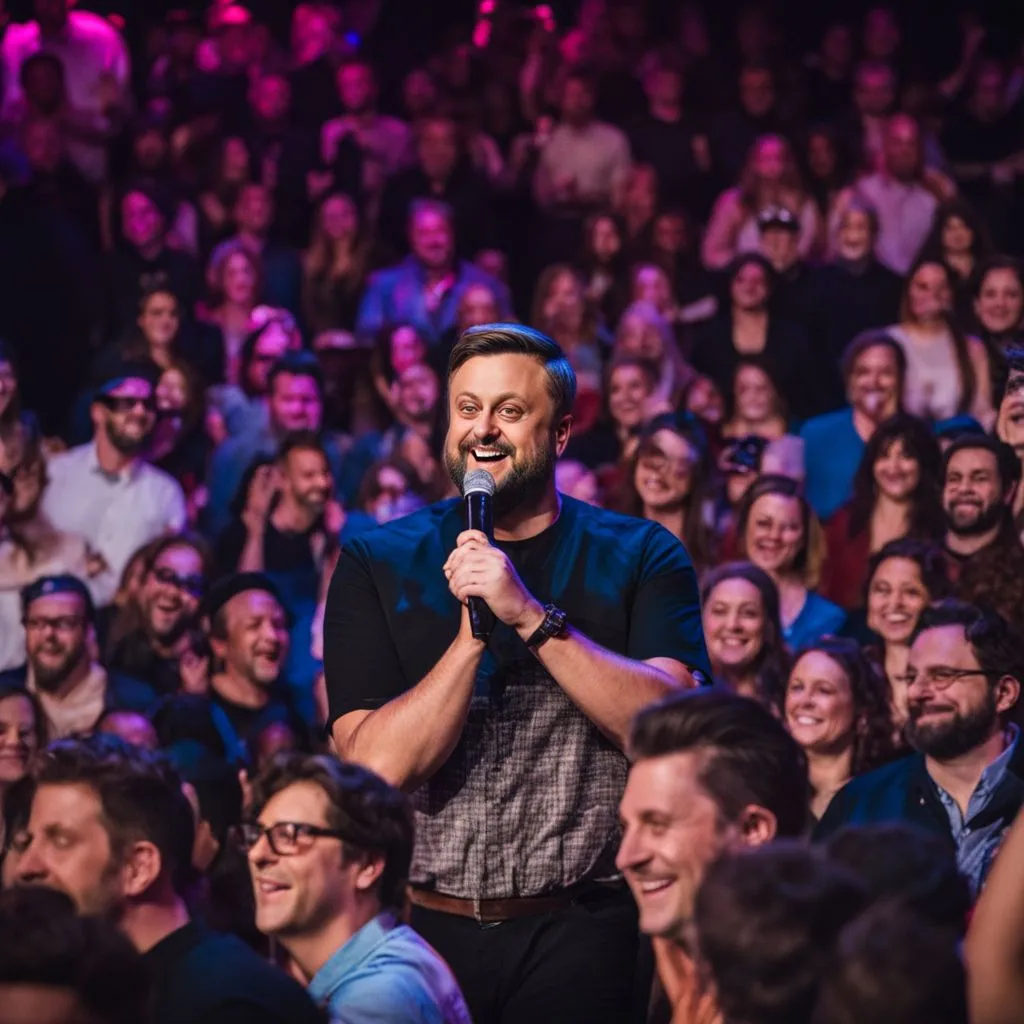 Nate Bargatze performing stand-up comedy in front of a diverse, happy audience.