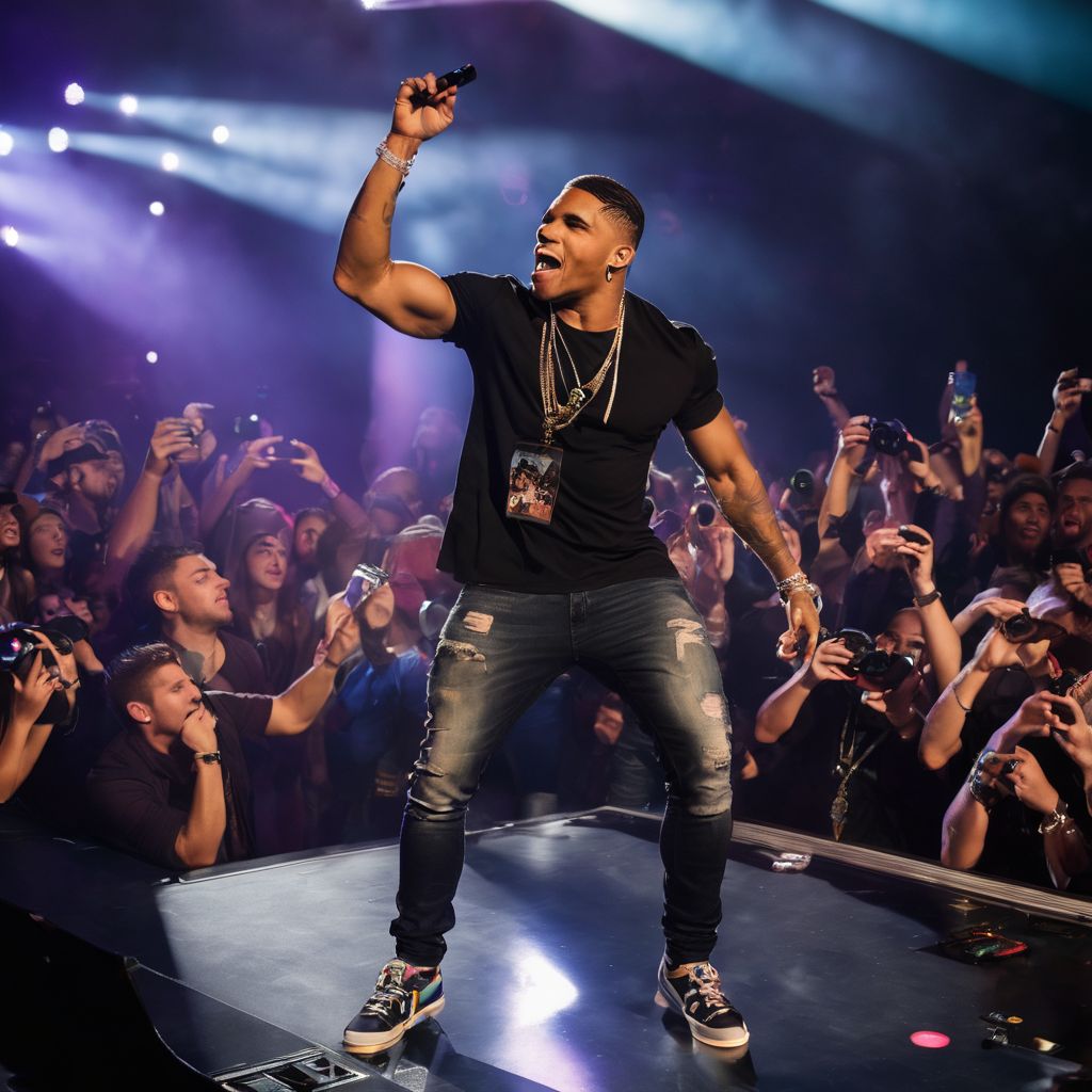 Nelly performing on stage with enthusiastic fans in the background.