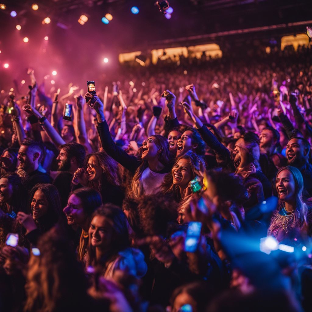 A crowd of cheering fans at a well-lit concert.