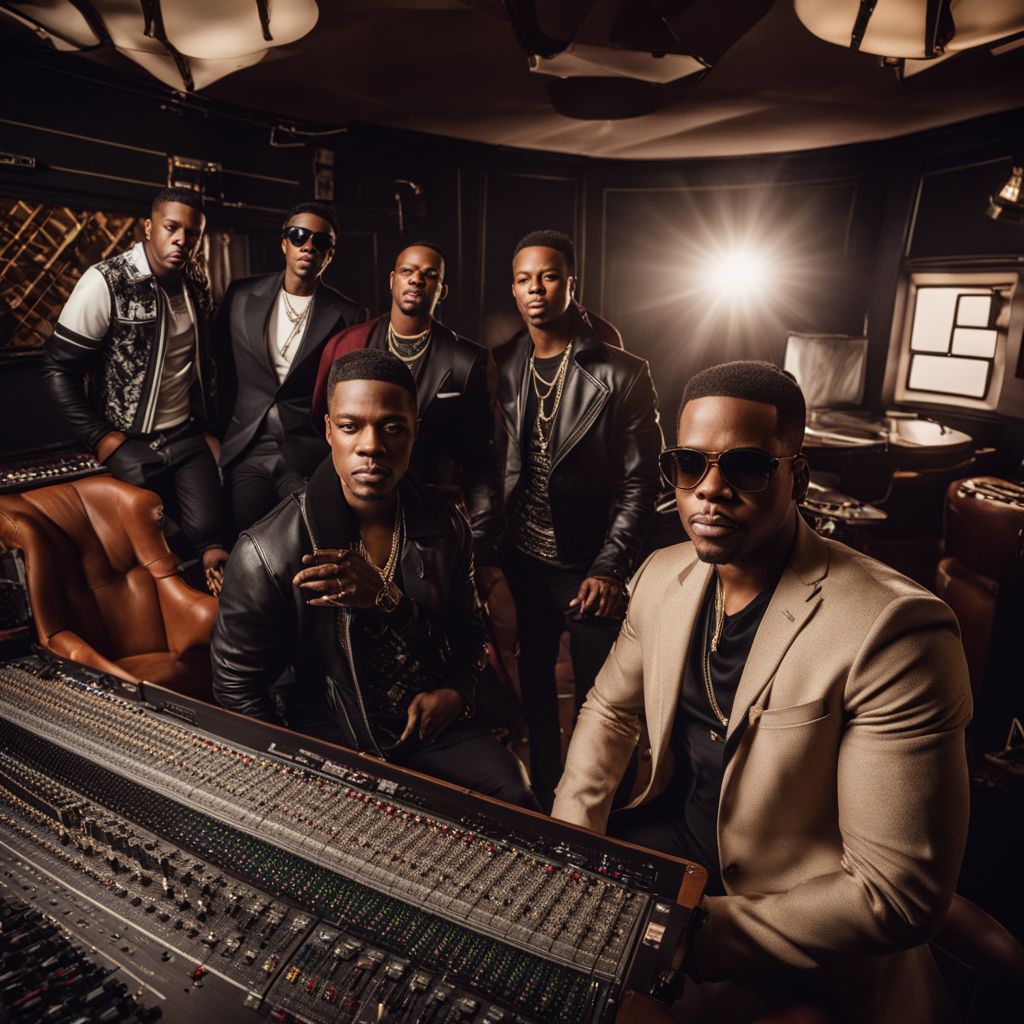 New Edition posing in vintage recording studio with unique styles.