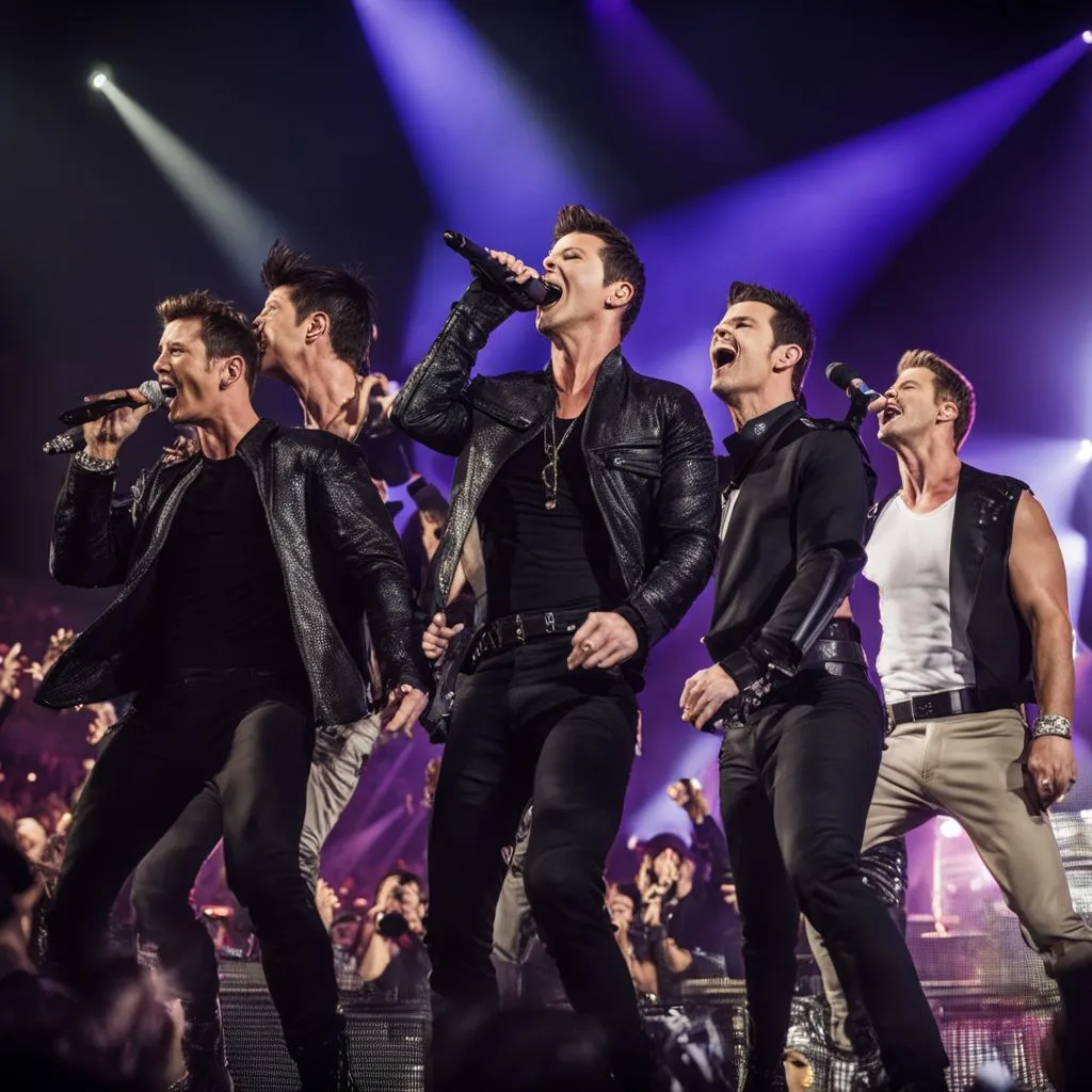 New Kids on the Block performing to a packed stadium with fans cheering.