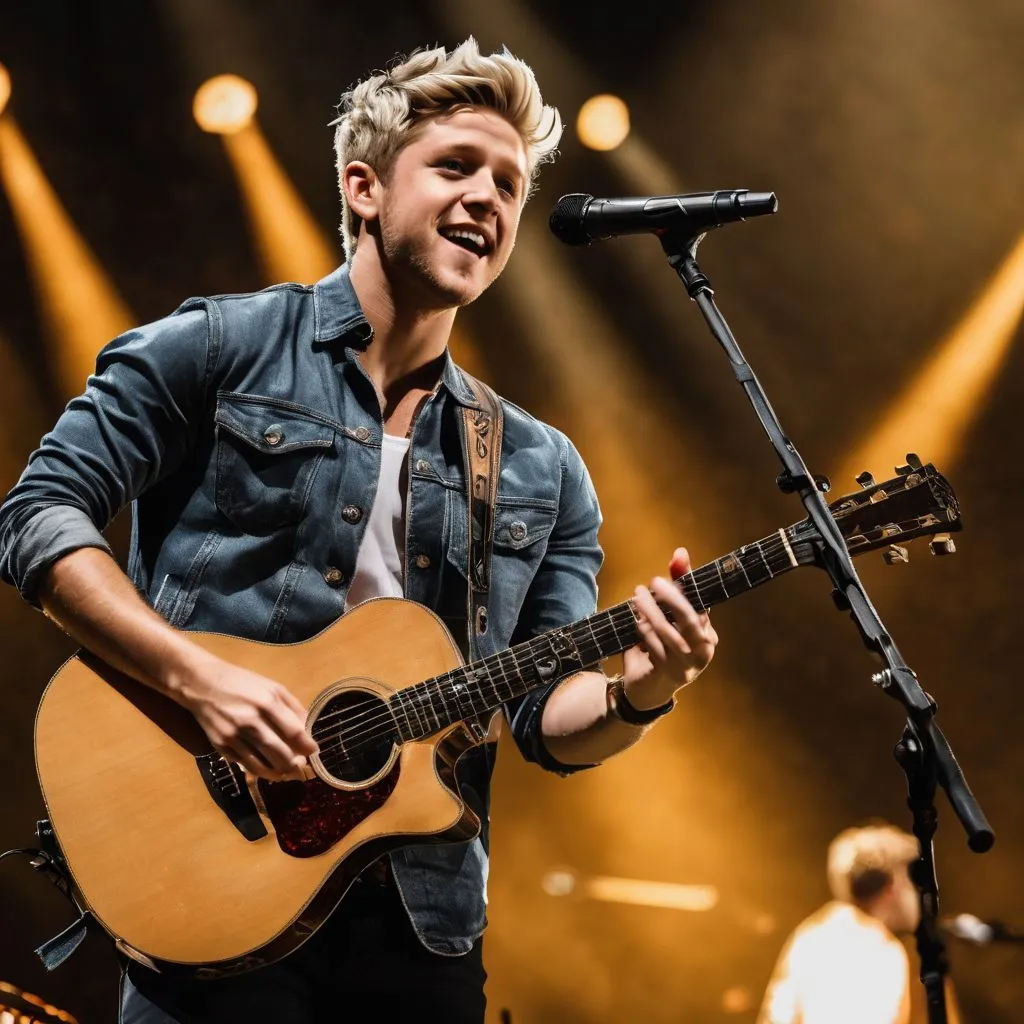 Niall Horan performing on a grand stage in a packed arena.