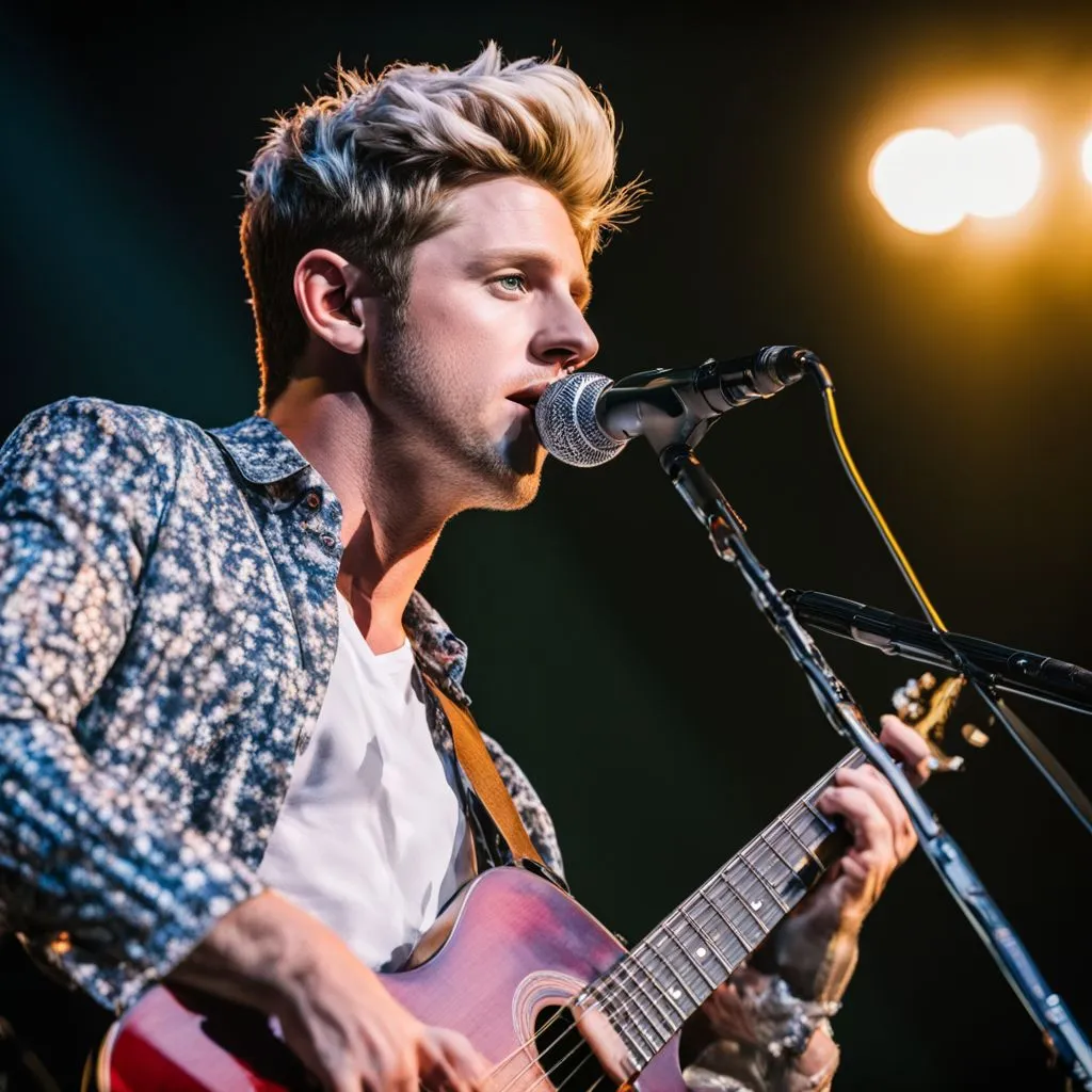 Niall Horan performing live on stage with enthusiastic crowd.