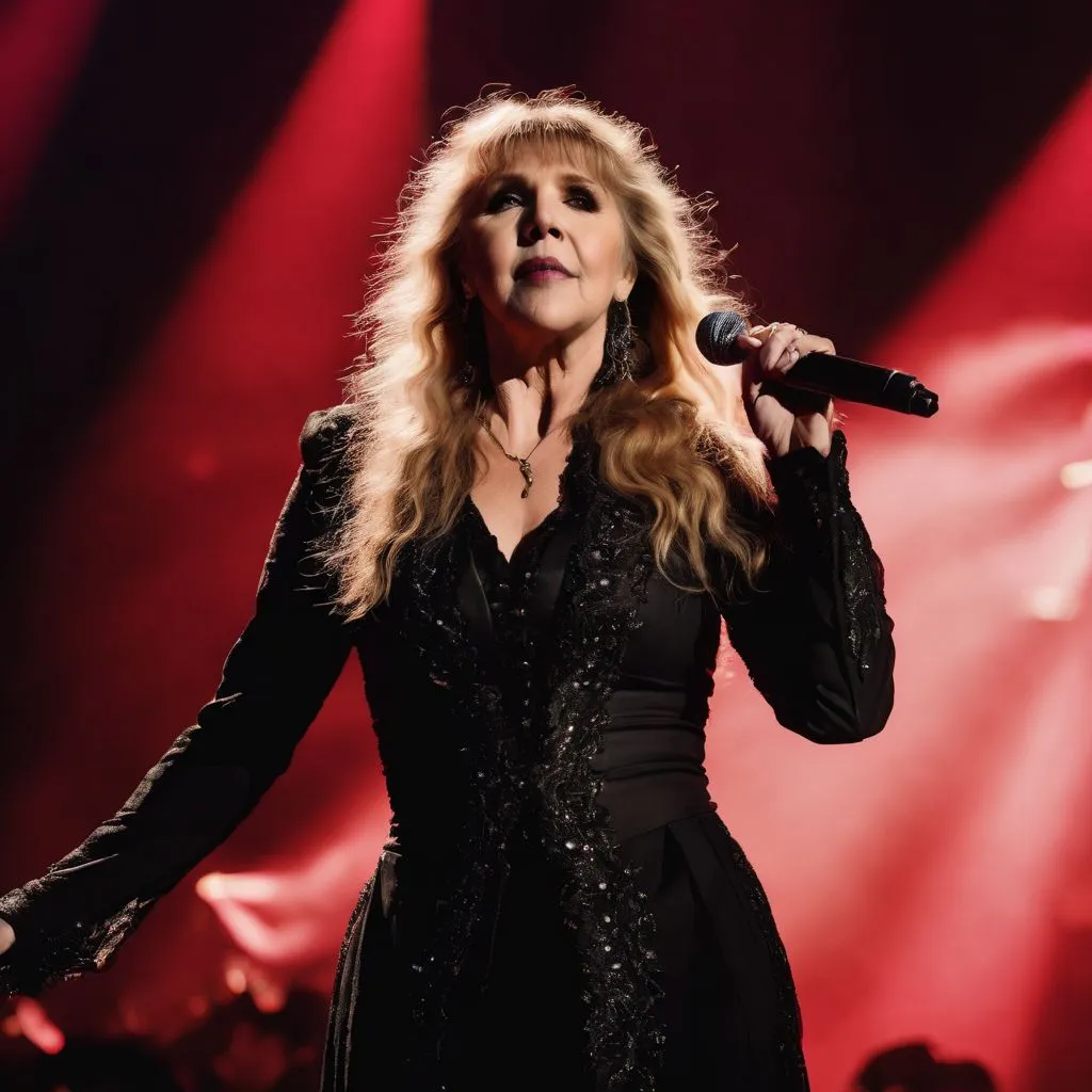 Stevie Nicks performing on stage in various captivating outfits and hairstyles.