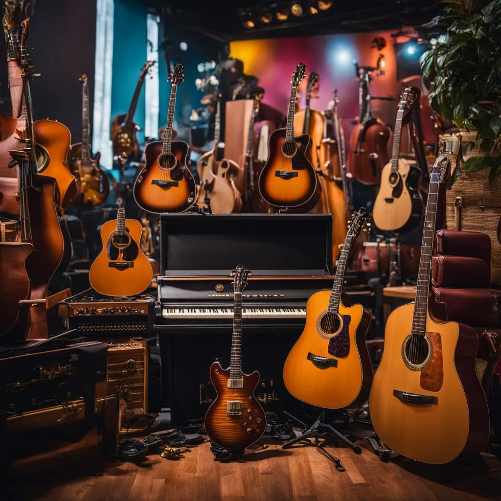A variety of musical instruments arranged on a colorful stage.